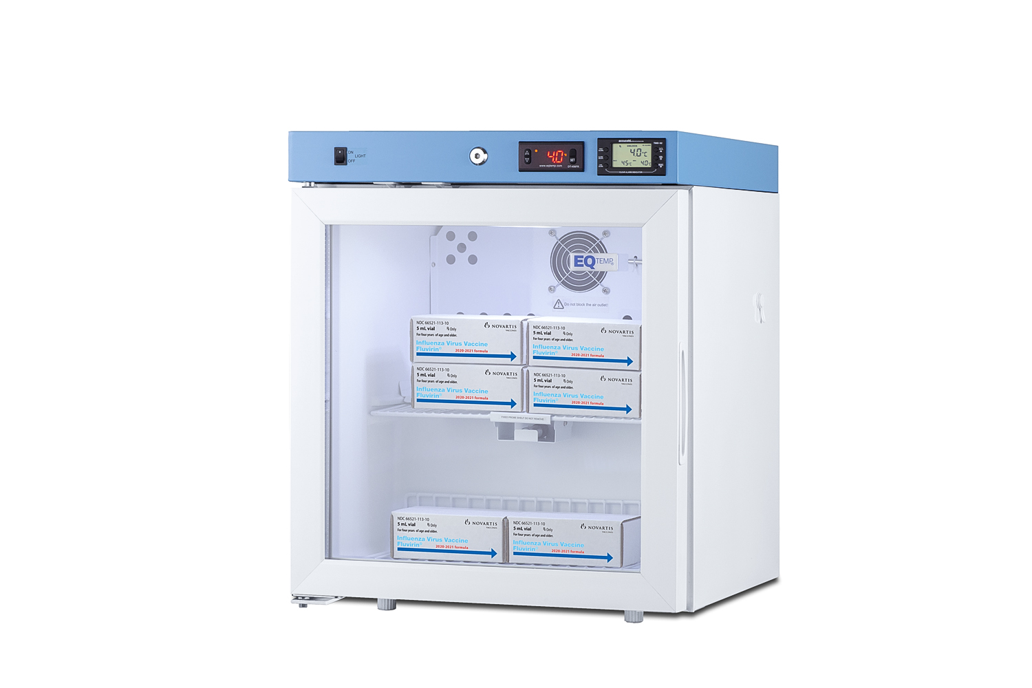Compact healthcare all-refrigerator certified to NSF/ANSI 456 with self-closing glass door, front lock, digital controls, and NIST-calibrated temperature readout